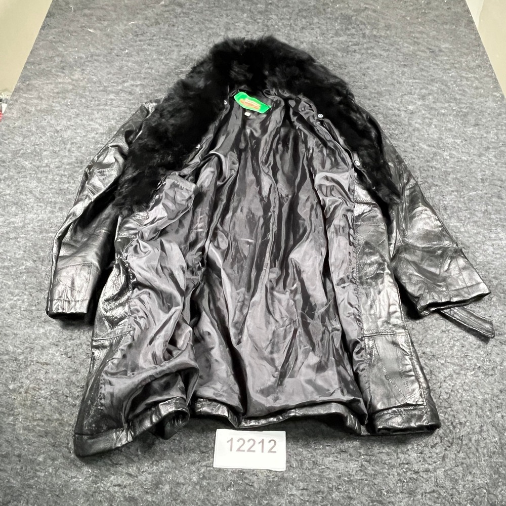 Giovanni Navarre Italian Stone Design Black Leather Coat Faux Fur Collar Large